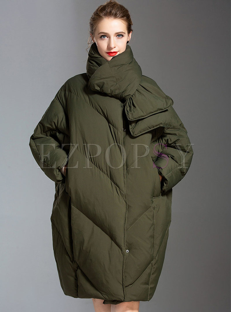 Plus Size Duck Down Puffer Coat With Scarf