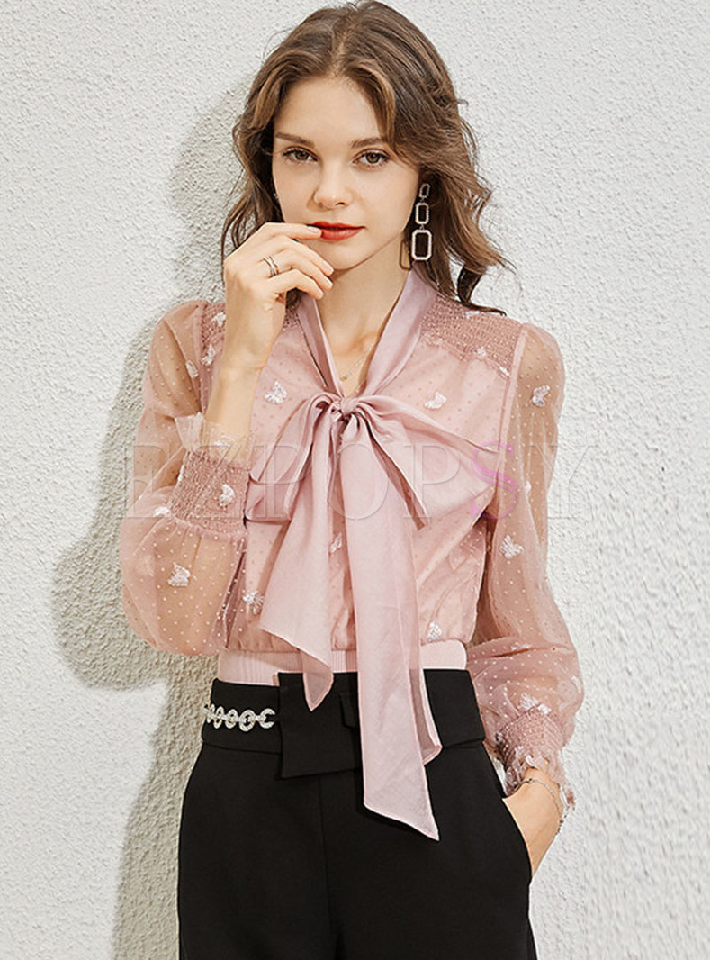 Cute Bowknot Embroidered Pullover Blouse