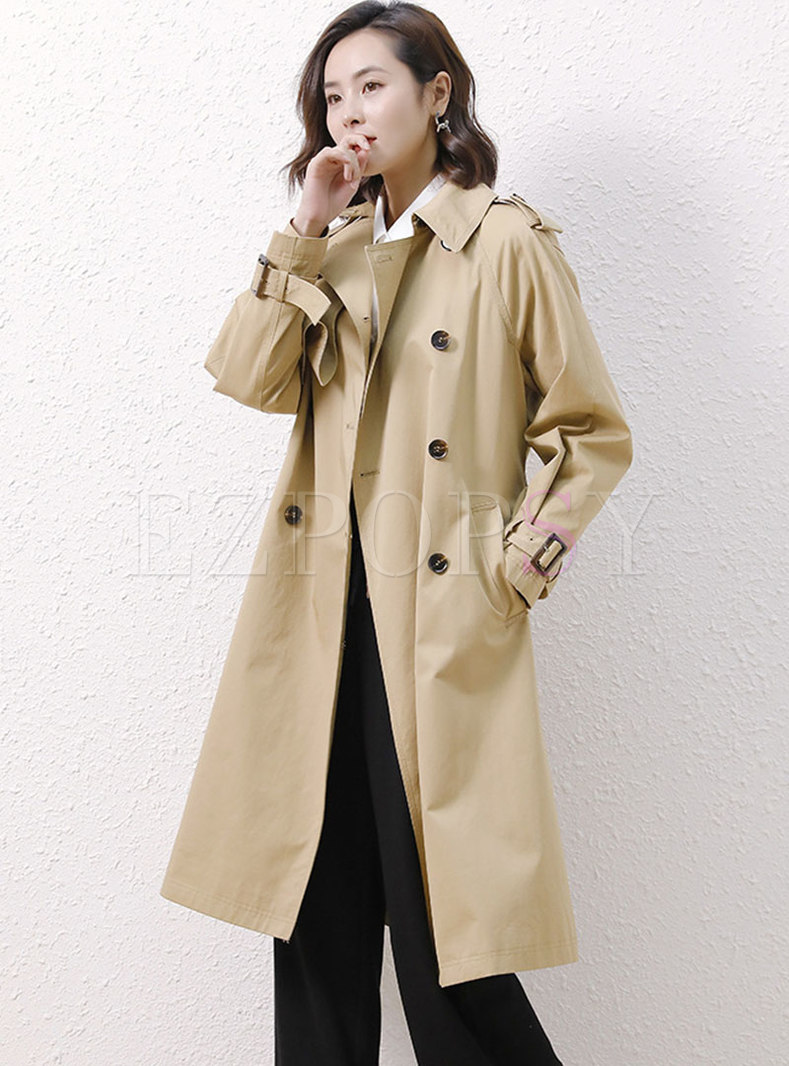 Notched Collar Double-breasted Long Trench Coat