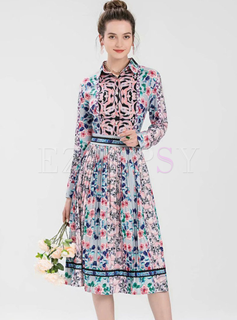 Long Sleeve Floral Pleated Midi Shirt Dress