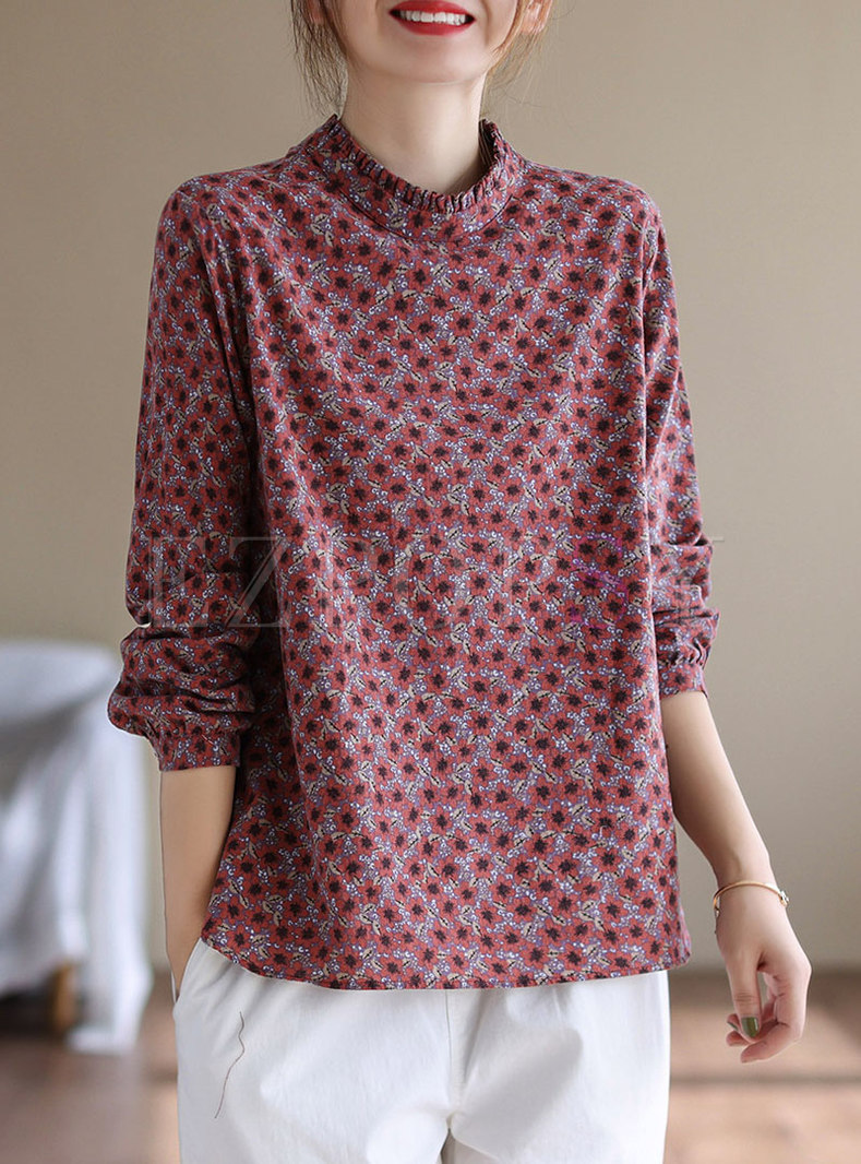 Mock Neck Long Sleeve Floral Pullover T-shirt