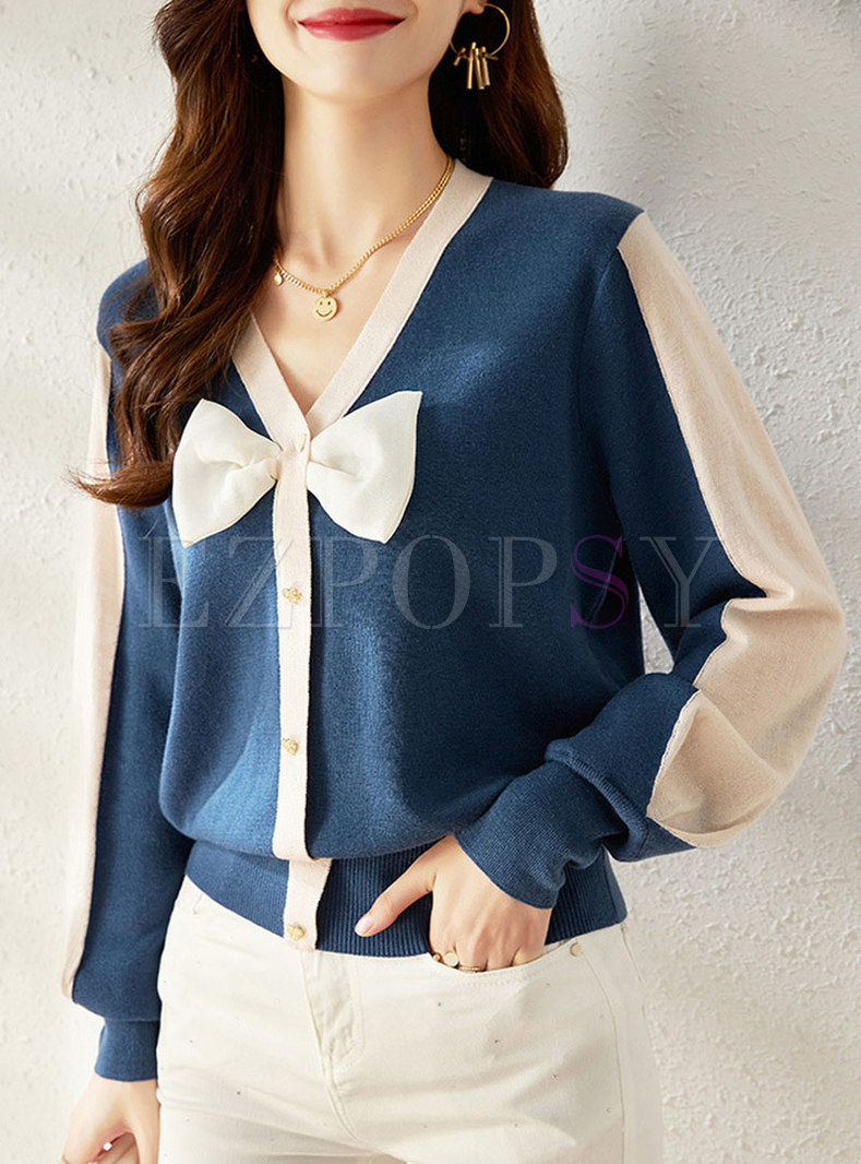 V-neck Bowknot Long Sleeve Pullover Sweater