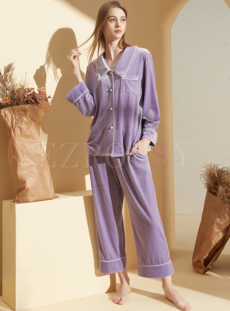 Long Sleeve Button-down Velvet Pajama Set