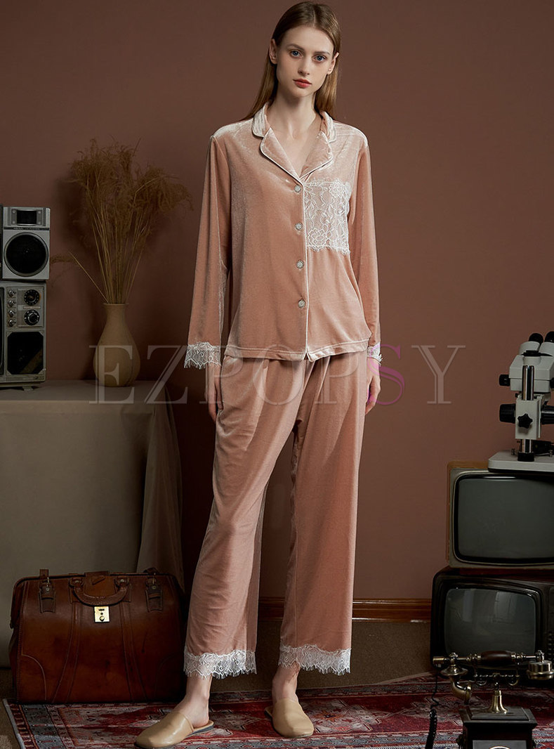 Lace Button-down Velvet Long Sleeve Pajama Set