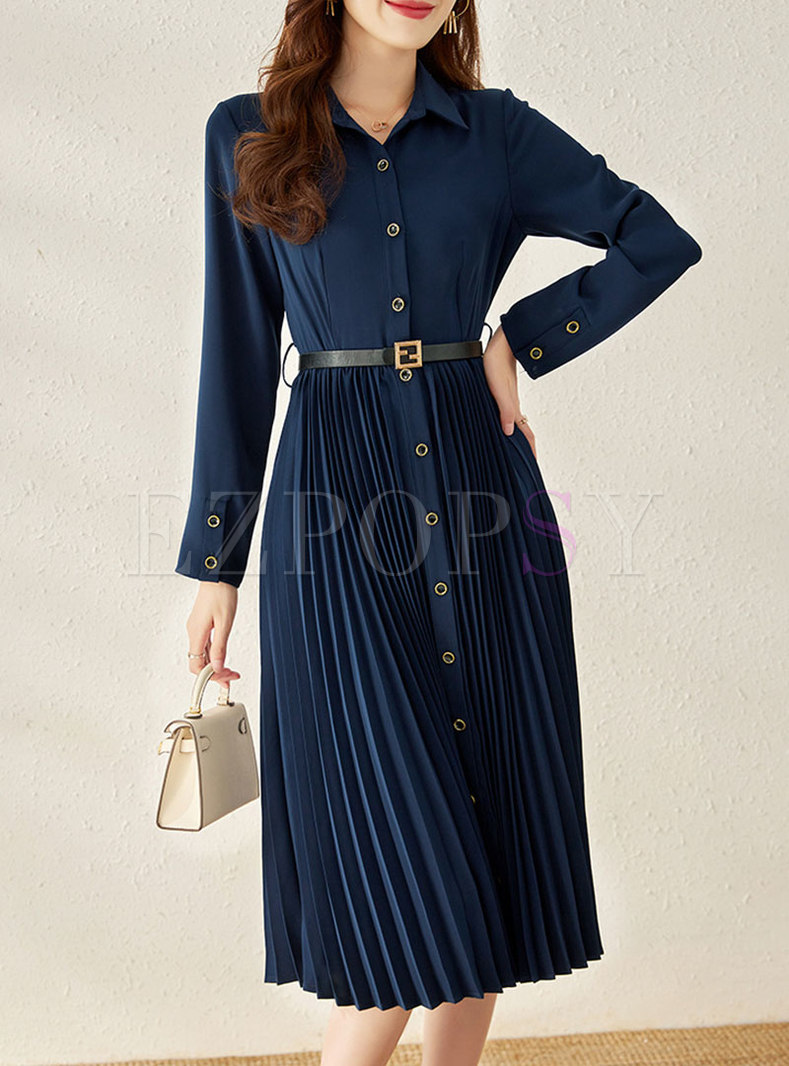Single-breasted Belted Pleated Midi Shirt Dress
