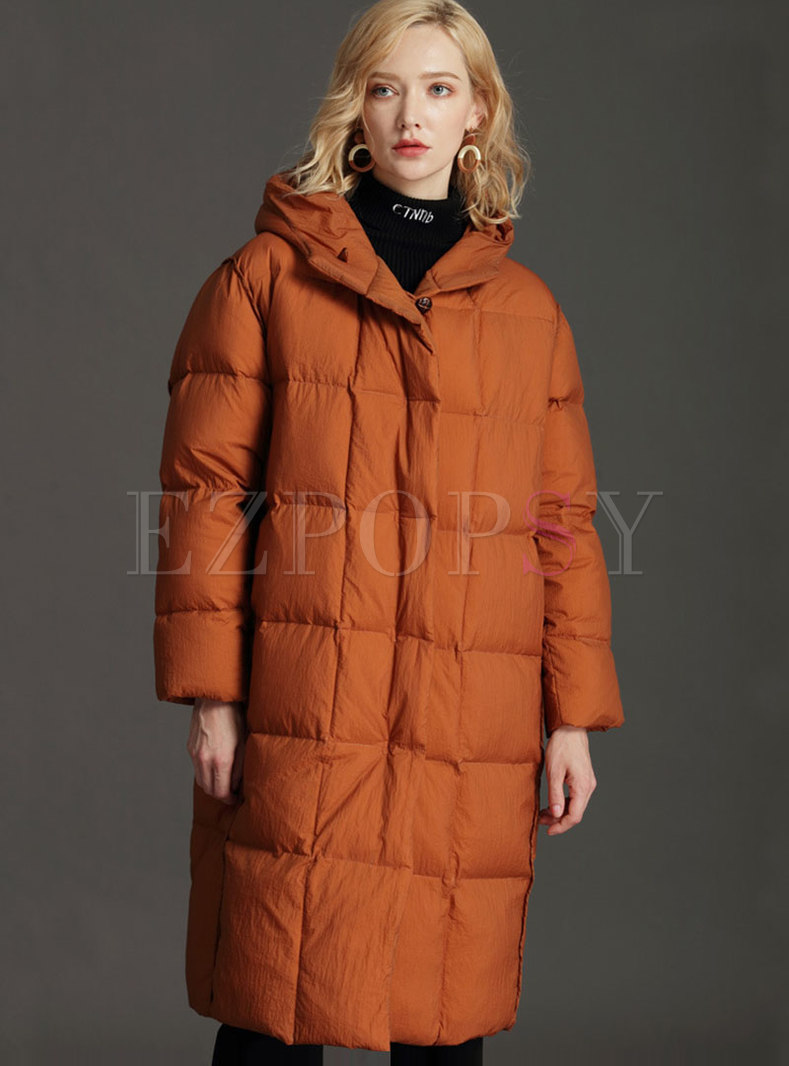 Plus Size Hooded Button-down Long Puffer Coat