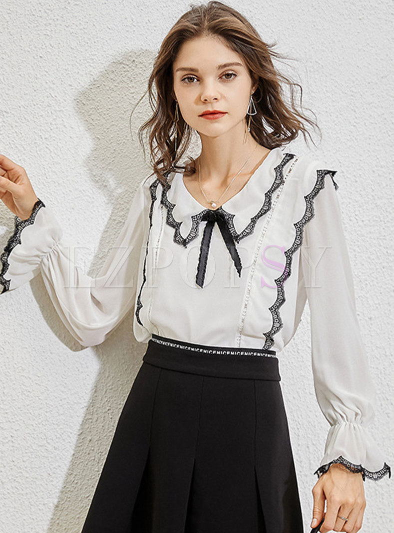 Flare Sleeve Bowknot Lace Up Pullover Blouse