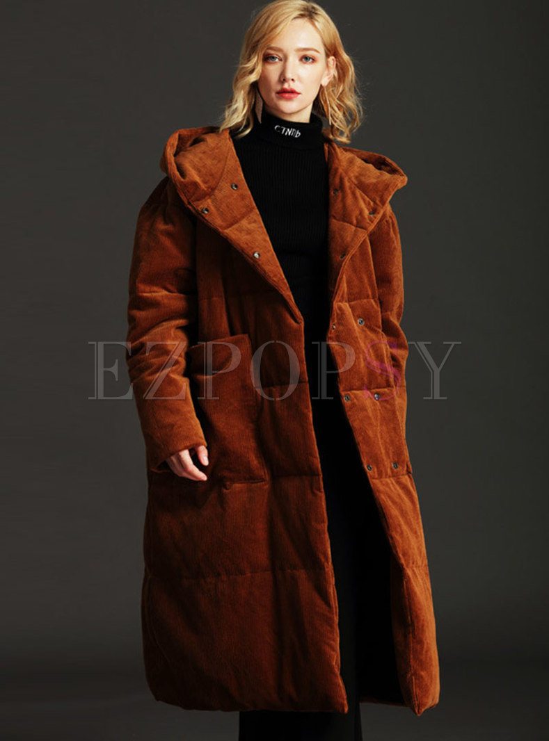 Hooded Thicken Corduroy Long Puffer Coat