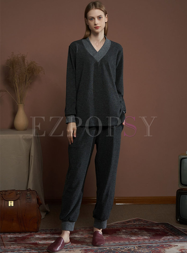 V-neck Long Sleeve Pullover Casual Pajama Set
