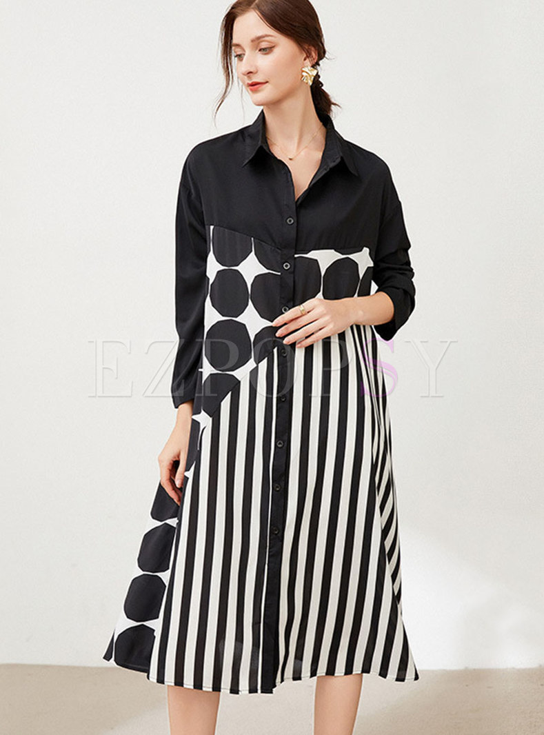 Plus Size Polka Dot Striped Midi Shirt Dress