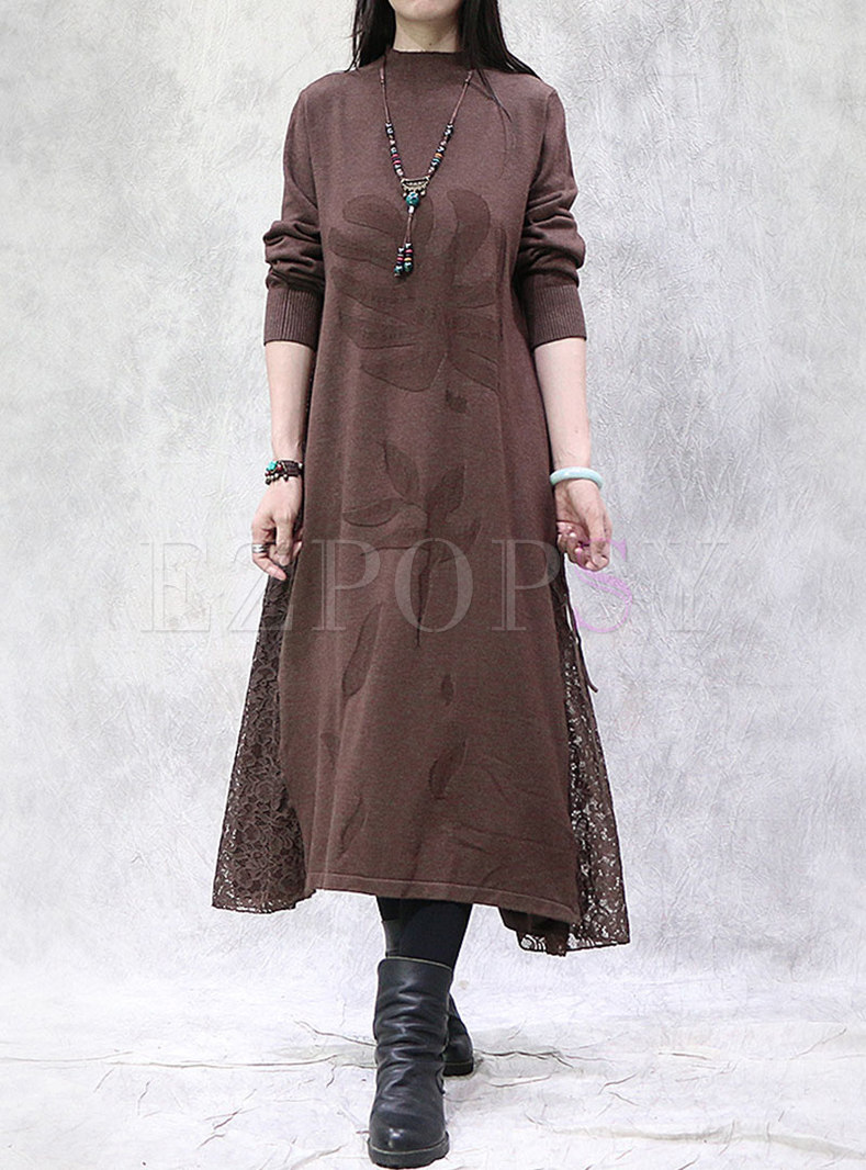 Long Sleeve Lace Patchwork Maxi Sweater Dress