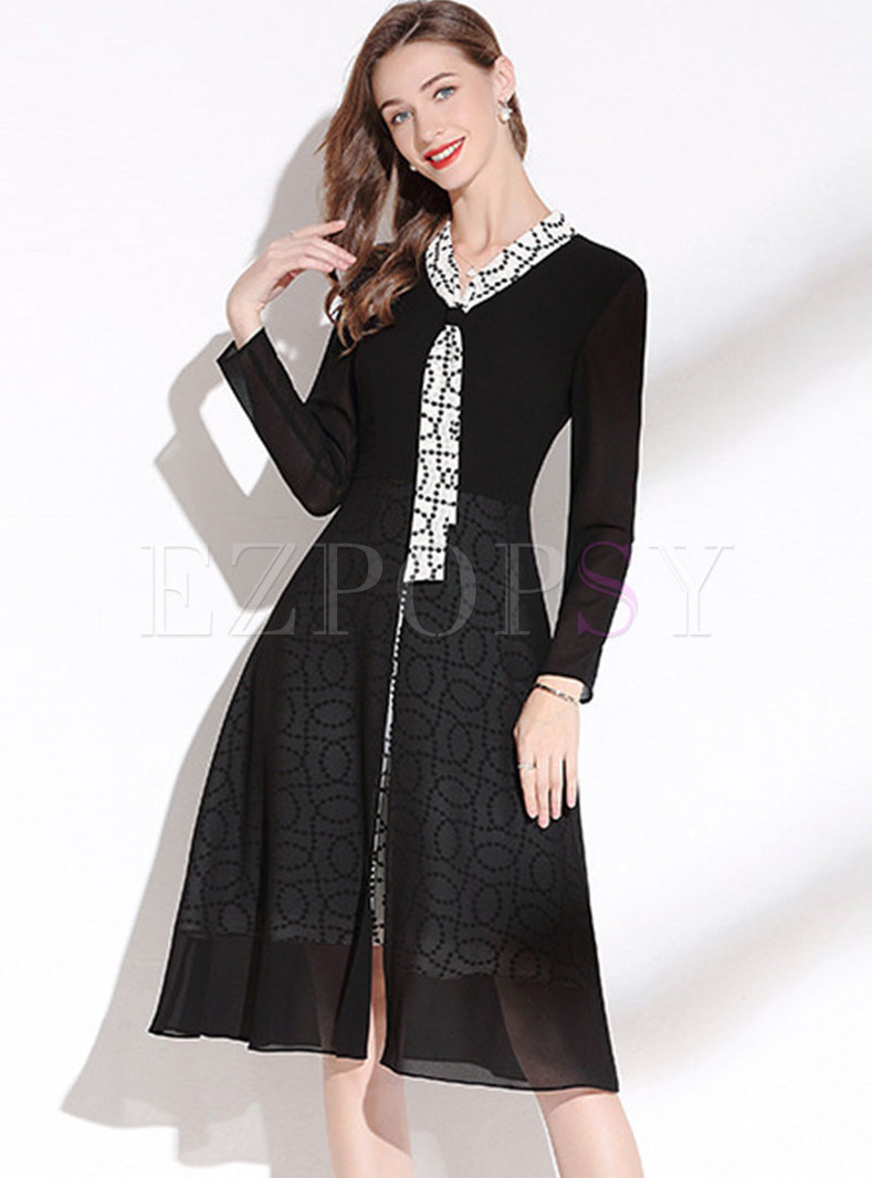 Long Sleeve Ribbon Knee-length Black Dress
