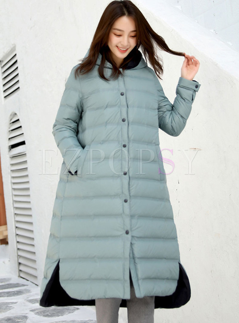Hooded Single-breasted Lightweight Long Puffer Coat