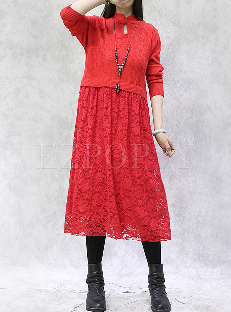 Mandarin Collar Lace Patchwork Midi Sweater Dress