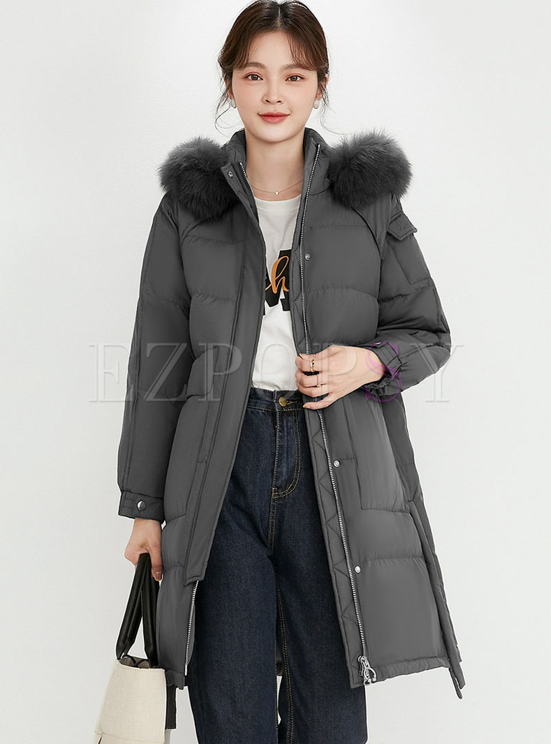 Faux Fur Hooded Flap Pockets Mid-length Puffer Coat
