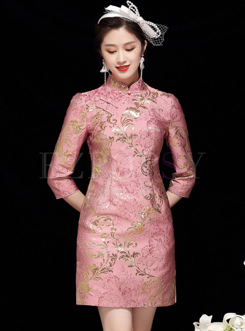 Mandarin Collar Jacquard Short Cheongsam Dress