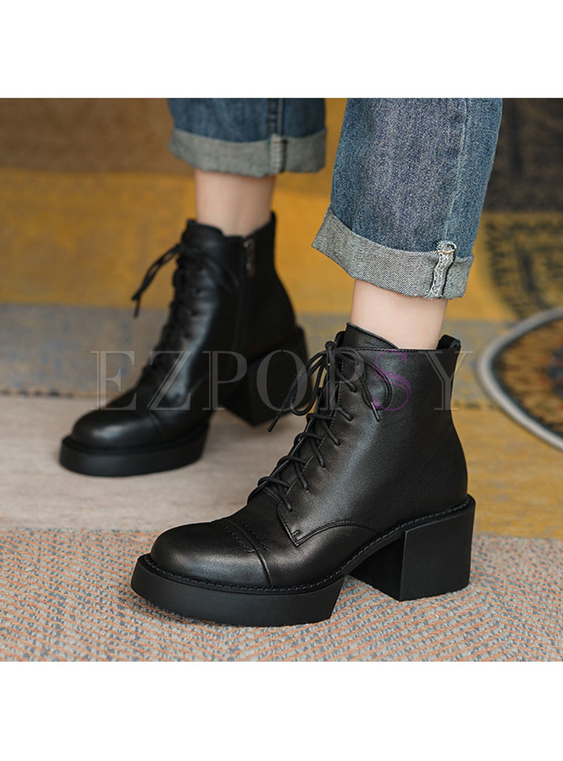 Lace Up Short Plush Block Heel Ankle Boots