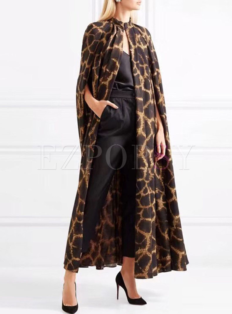 Plus Size Mock Neck Leopard Long Trench Coat