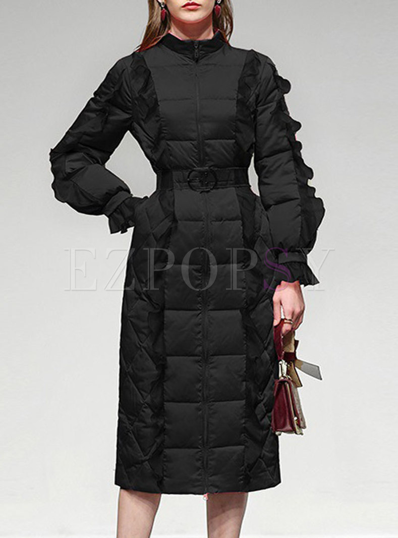 Long Sleeve Ruffle Belted Mid-length Down Coat
