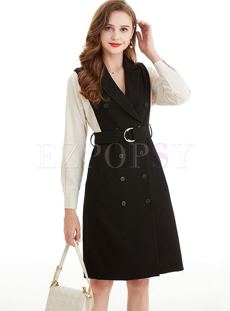Double-breasted Long Sleeve Belted Work Dress