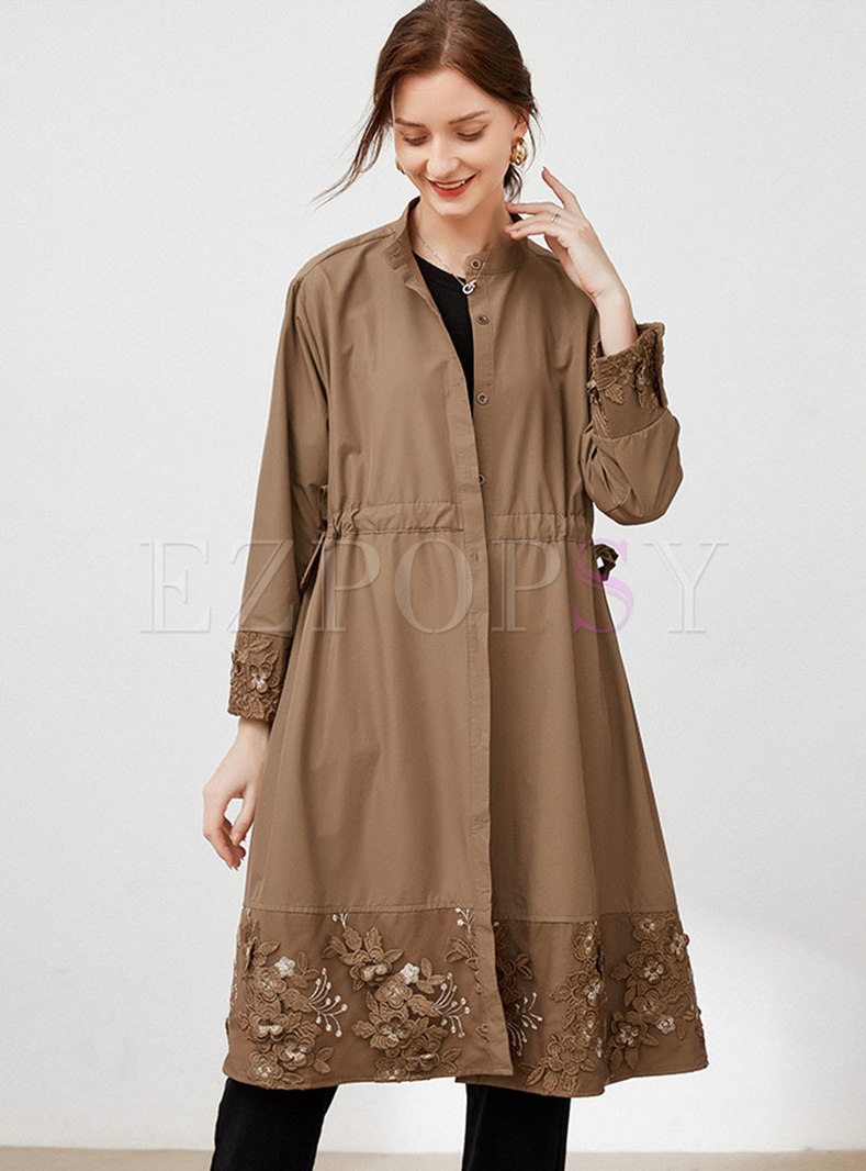 Mock Neck Single-breasted Plus Size Trench Coat