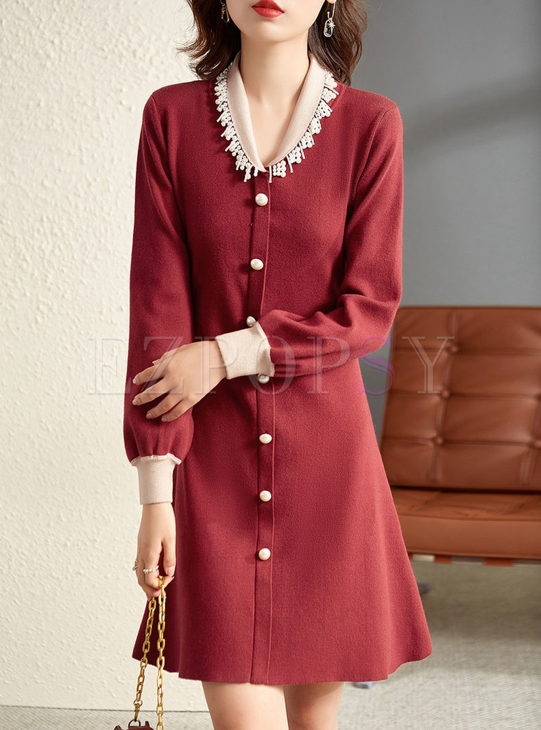 V-neck Long Sleeve Pearl Short Sweater Dress