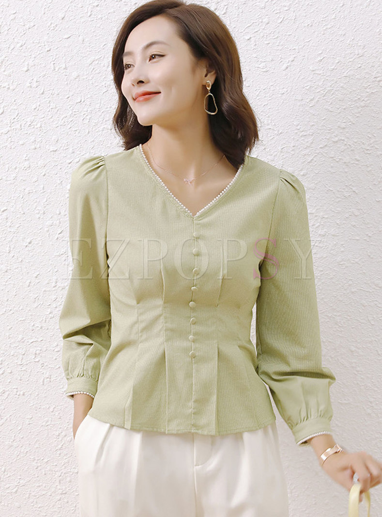V-neck Long Sleeve Pullover Pearl Blouse
