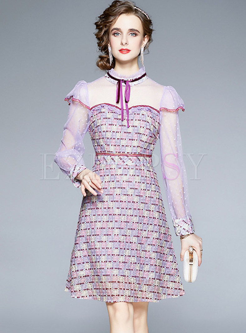Mock Neck Polka Dot Mesh Embroidered Cute Dress
