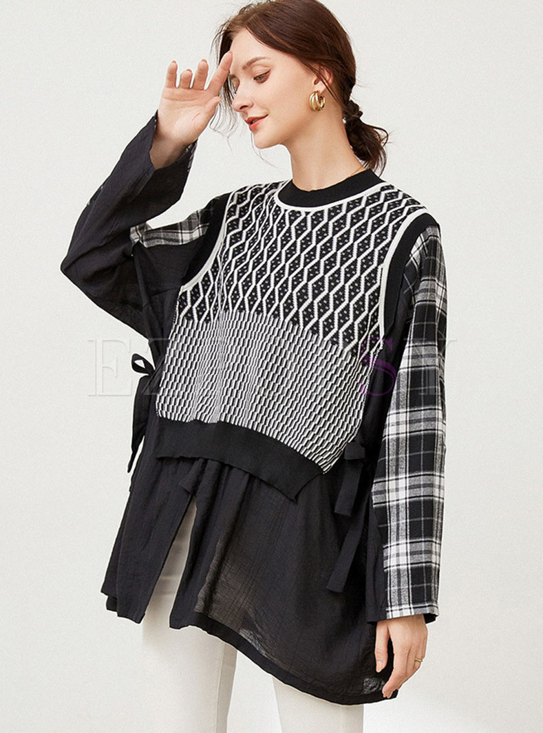 Plus Size Plaid Patchwork Pullover Knitted Top