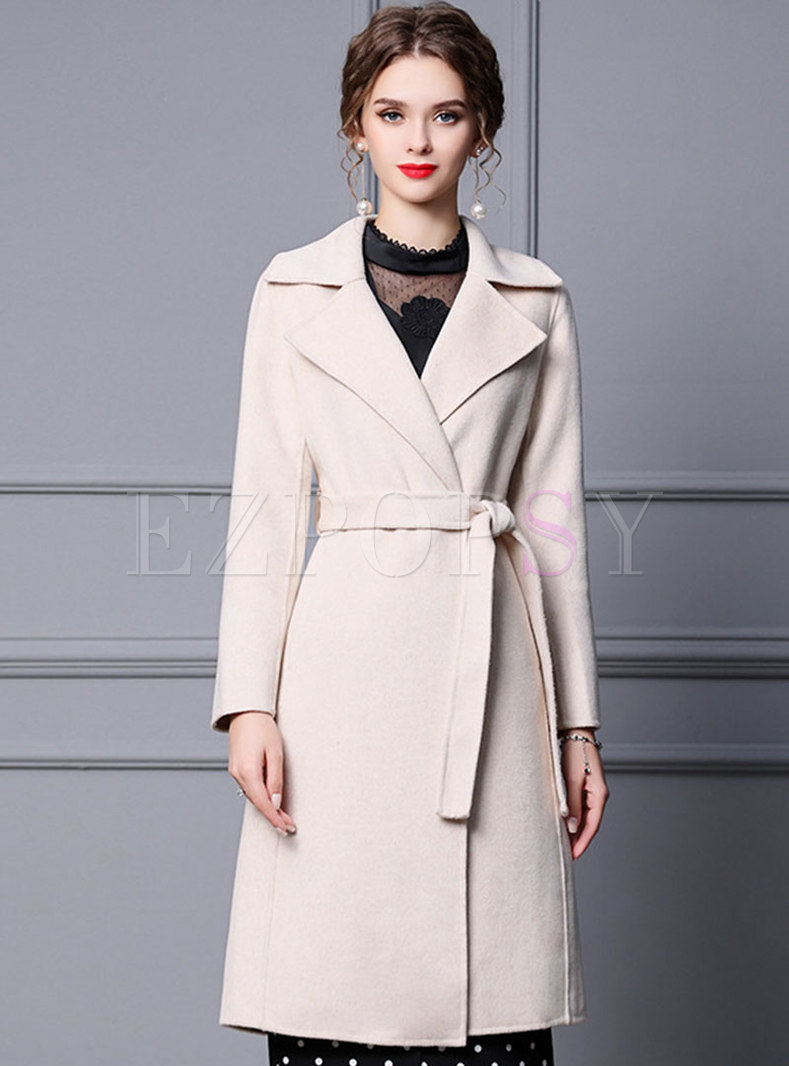 Notched Collar Knee-length Wool Wrap Overcoat