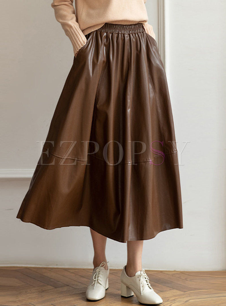 High Waisted Pleated Leather Maxi Skirt