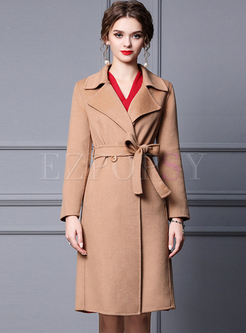 Camel Double-breasted Knee-length Wool Peacoat