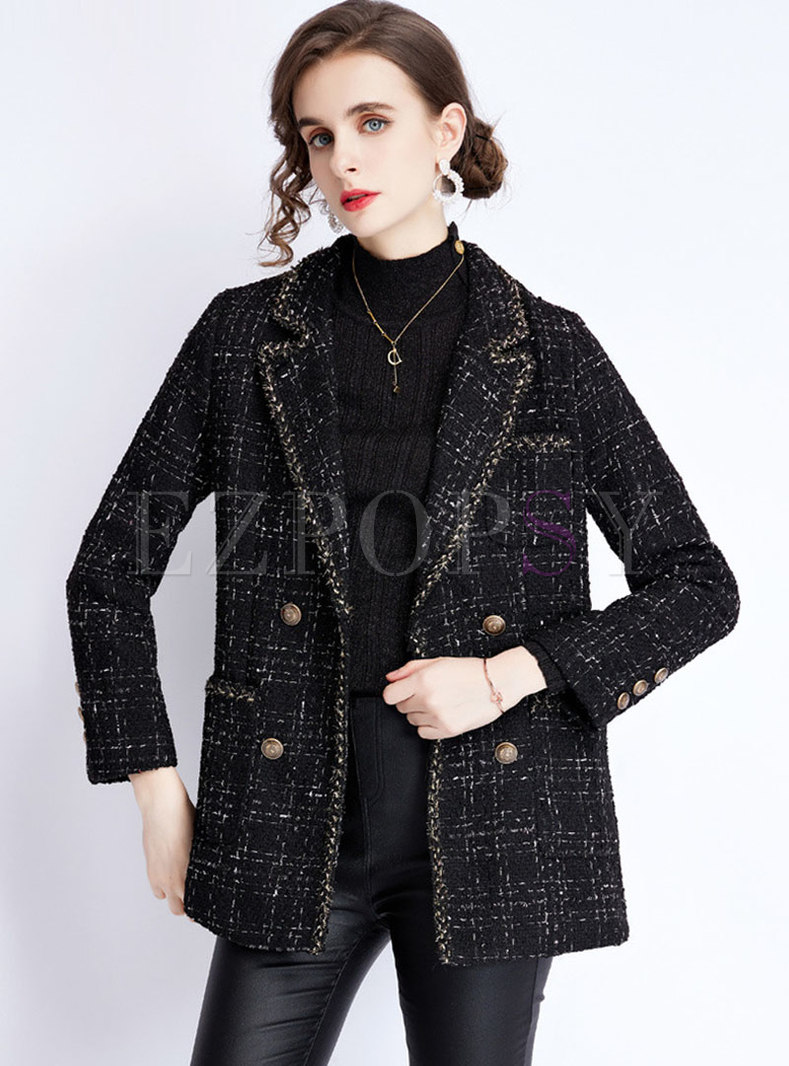 Notched Collar Double-breasted Plaid Tweed Coat