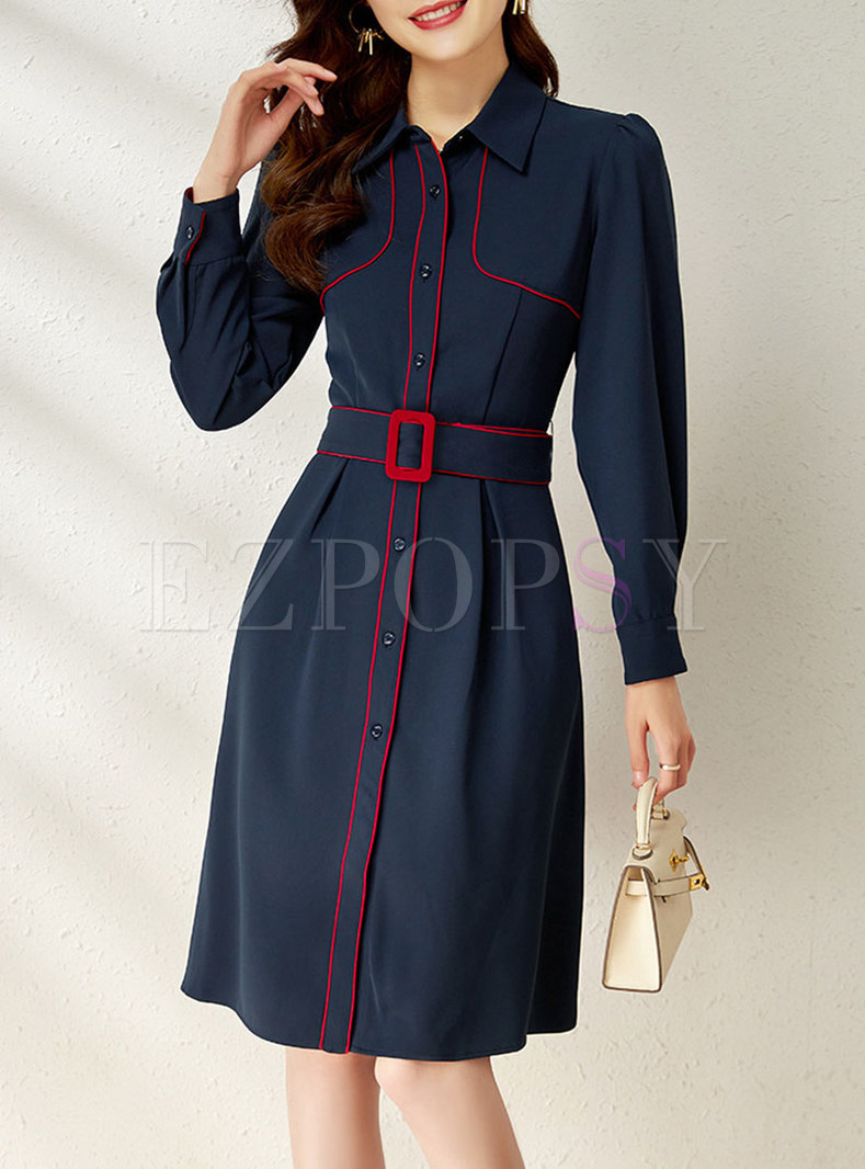 Long Sleeve Single-breasted Belted Shirt Dress