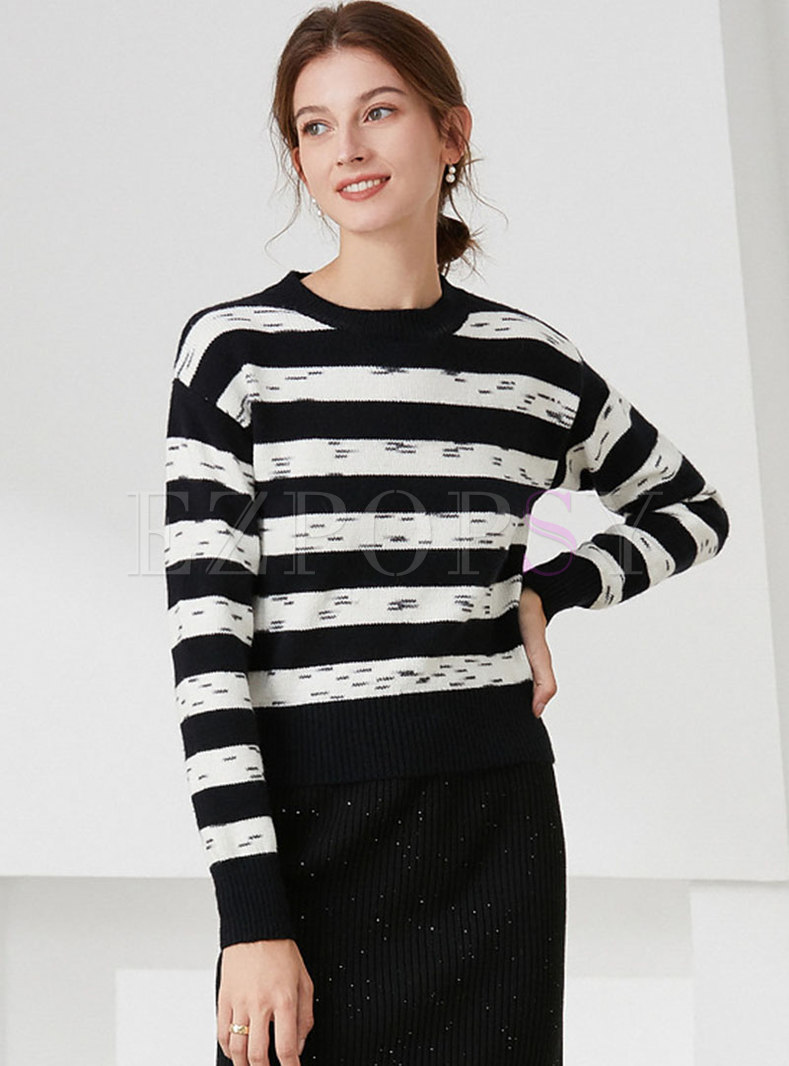 Crew Neck Long Sleeve Striped Pullover Sweater