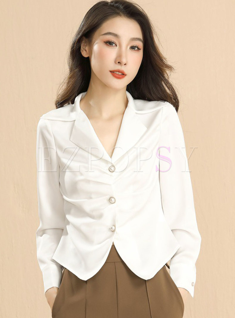 Long Sleeve Single-breasted Ruched Short Blouse