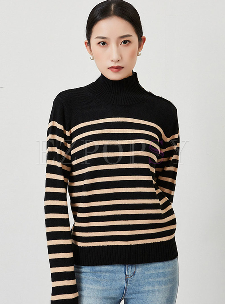 Turtleneck Long Sleeve Striped Pullover Sweater