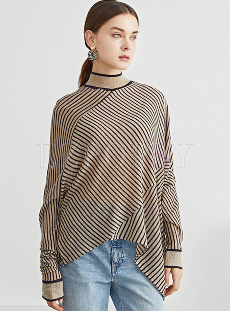 Long Sleeve Striped Asymmetric Wool Sweater