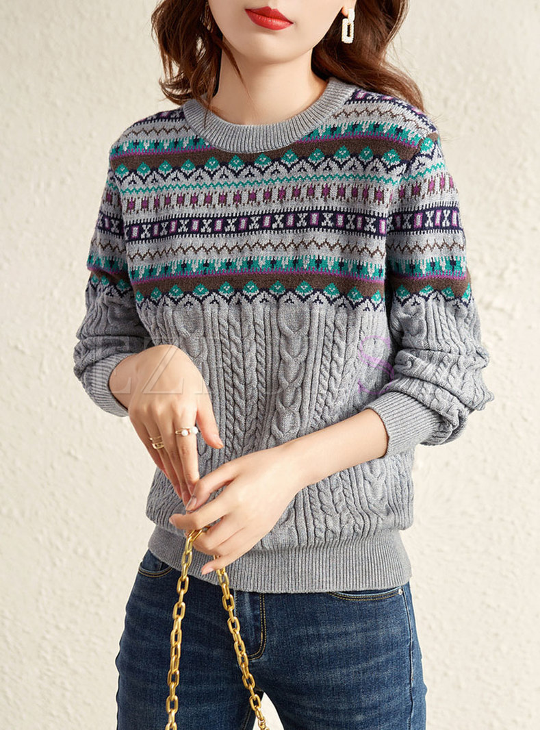 Crew Neck Metallic Cable-knit Pullover Sweater