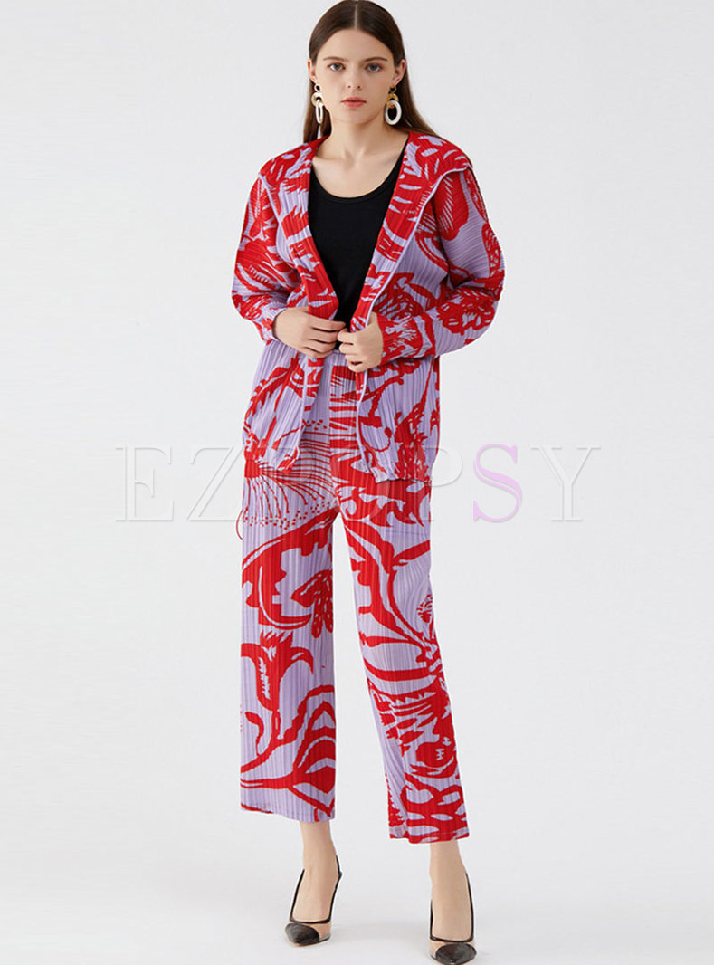 Casual Hooded Pleated Print High Waisted Pant Suits