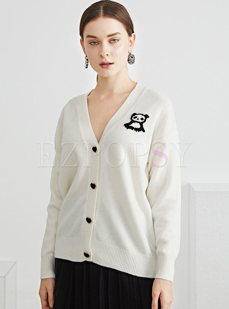 Single-breasted Panda Embroidered Wool Cardigan