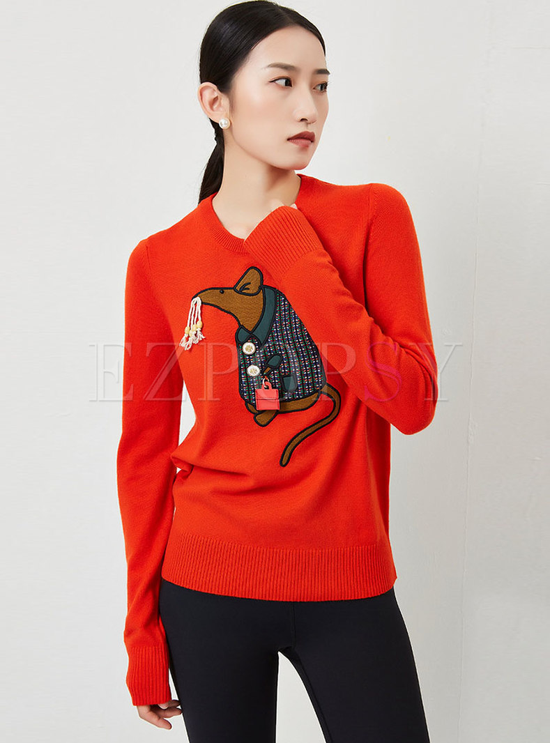 Cartoon Embroidered Pullover Long Sleeve Sweater