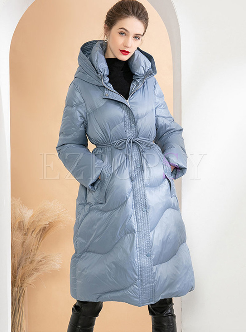 Hooded Drawstring A Line Knee-length Down Coat