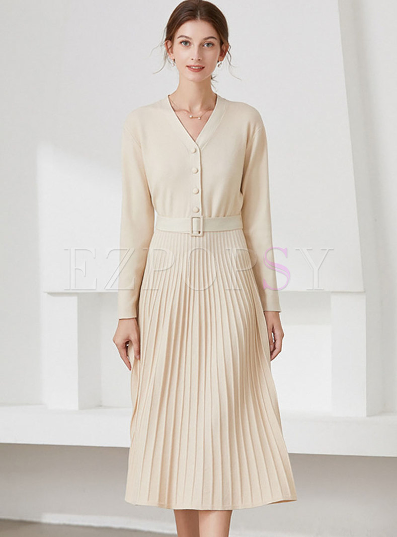 V-neck Long Sleeve Belted Pleated Midi Sweater Dress