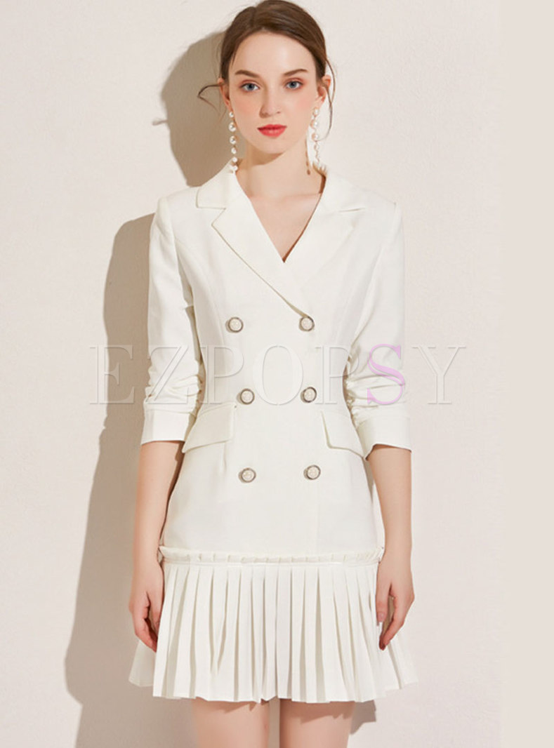 Long Sleeve Double-breasted Pleated Short Dress
