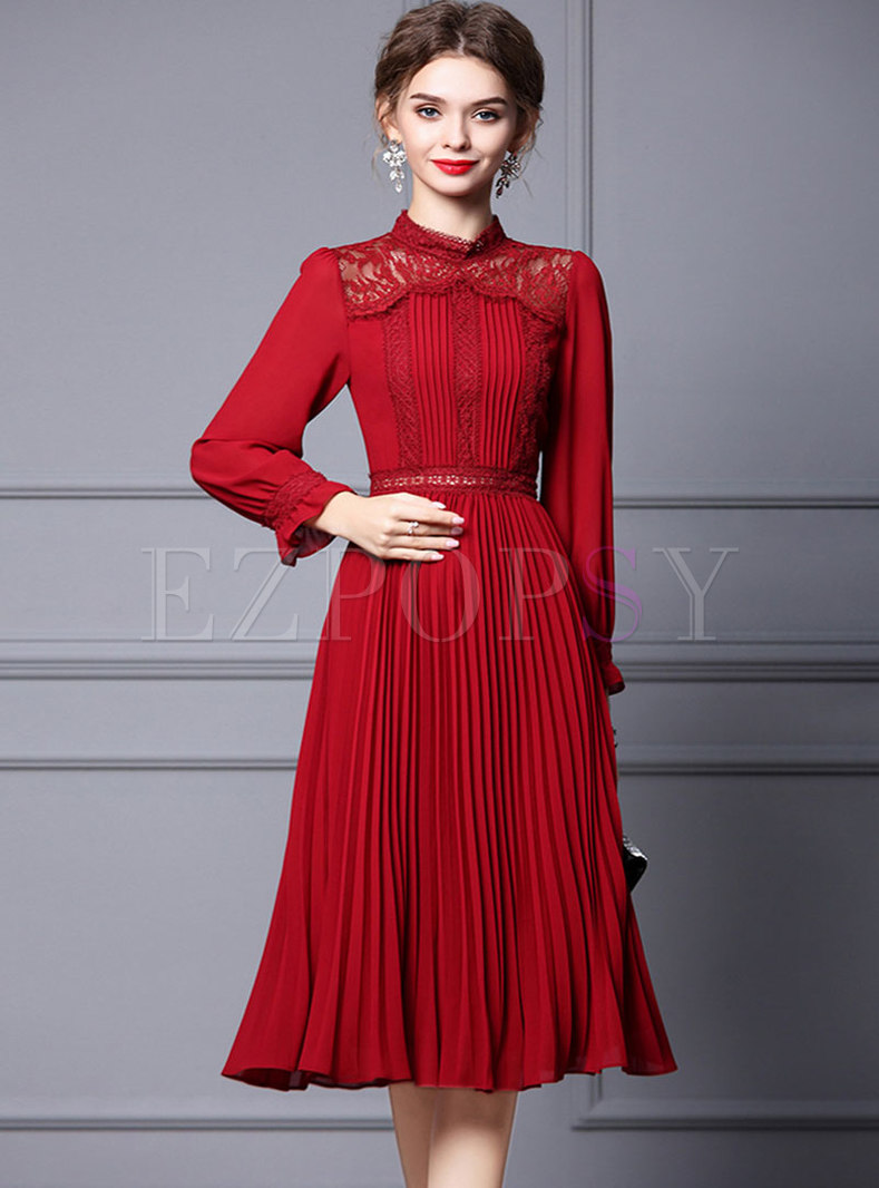 Long Sleeve Lace Openwork Midi Cocktail Dress