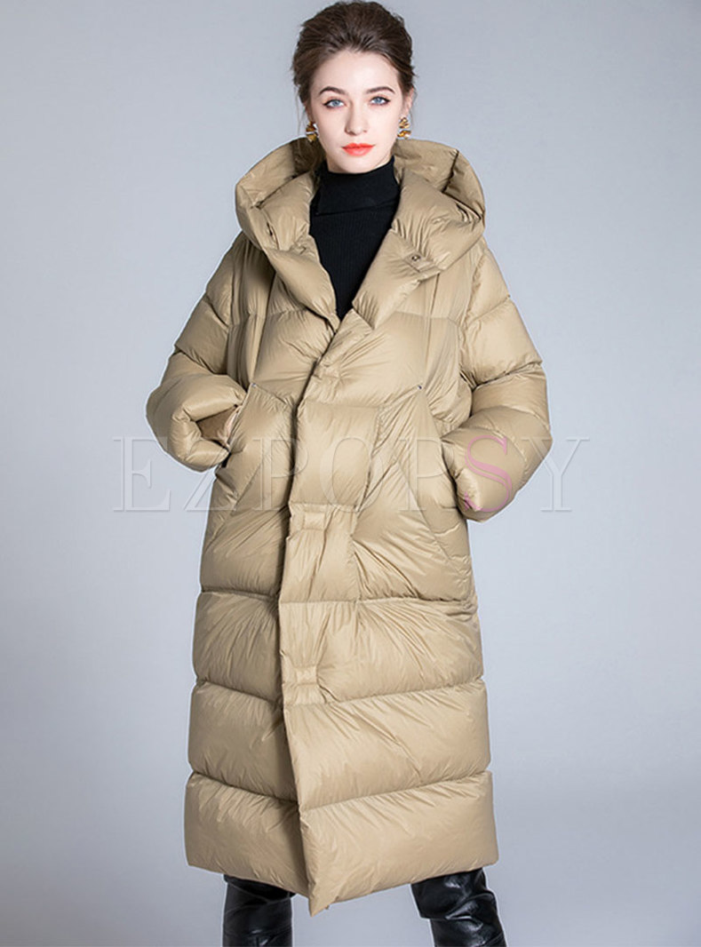 Hooded Single-breasted Long Straight Puffer Coat