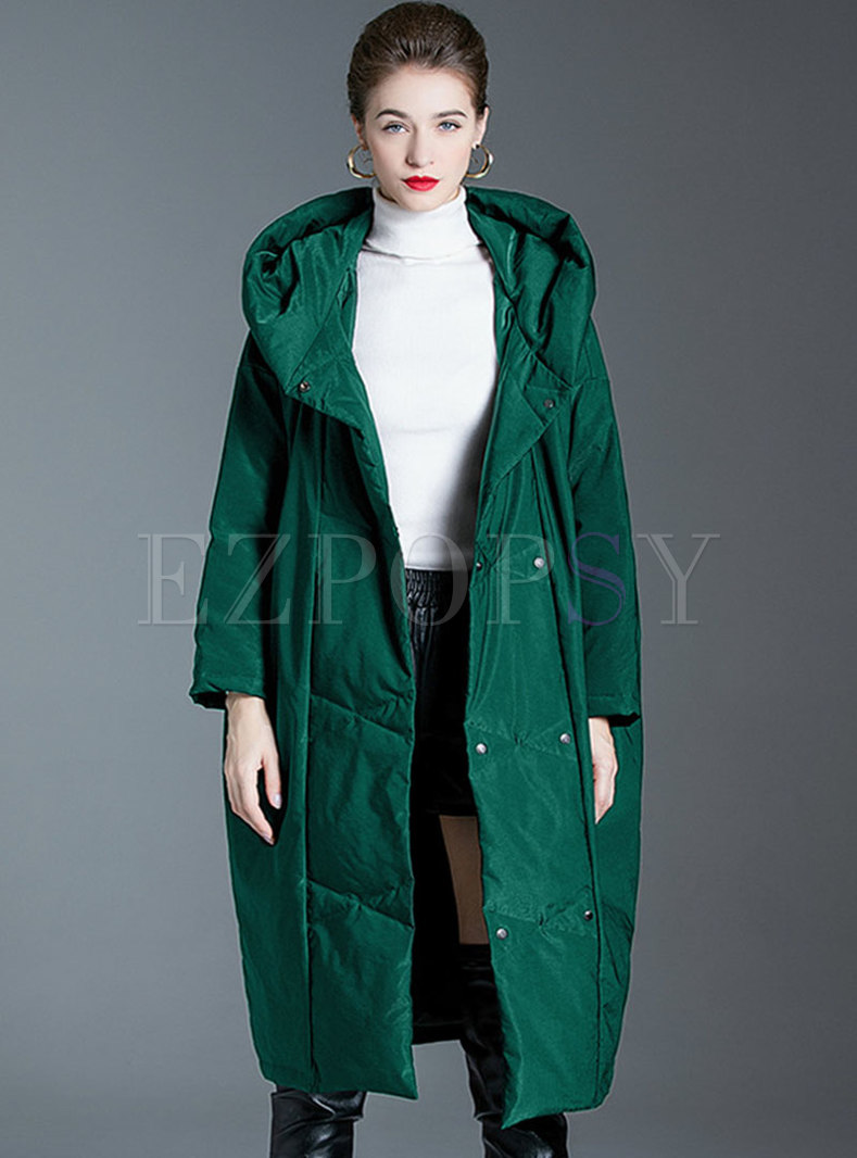 Plus Size Hooded Button-down Long Down Coat