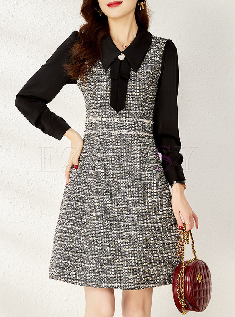 Tweed Patchwork Satin A Line Mini Dress