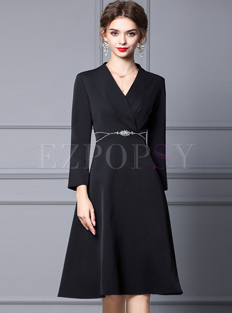 Long Sleeve V-neck Beaded Black Cocktail Dress